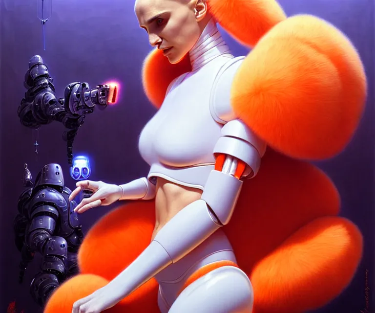 Image similar to beautiful fantasy character portrait, natalie portman, wearing orange puffy bomber jacket with white fur, seductive reclining pose, futuristic robots, ultra realistic, dramatic lighting, robots, the fifth element artifacts, highly detailed by peter mohrbacher, hajime sorayama, wayne barlowe, boris vallejo, aaron horkey, gaston bussiere, craig mullins