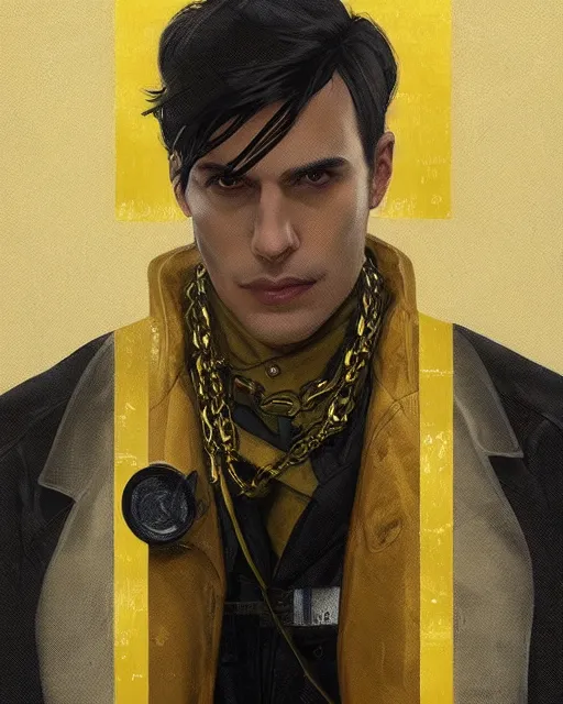 Prompt: '' Face portrait of a young handsome detective with a black leather coat, yellow eyes, neck chains, short hair , sci-fy, cyber punk, high detail, digital painting, artstation, concept art, sharp focus, illustration, art by greg rutkowski and alphonse mucha ''