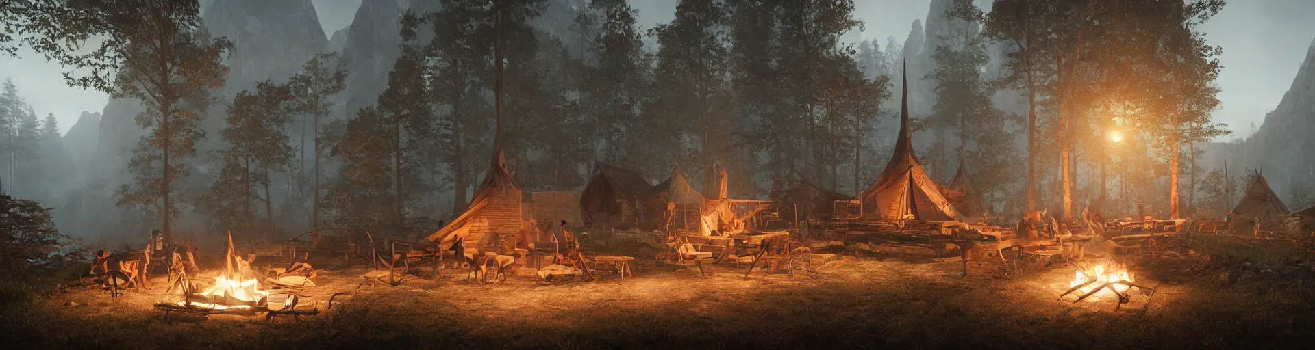 Prompt: longhouse, campfire, teepee, very detailed, octane render, realistic, 8 k, unreal engine 5, dramatic, volumetric, mountain, morning, greg rutkowski