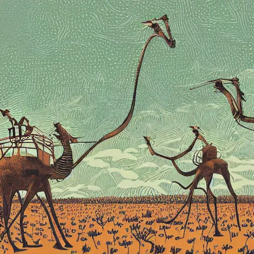 Image similar to safari on a surreal martian like world, strange unknown tall giraffe like creatures roaming the barren plains, woodblock, black fine lines on warm brown, by victo ngai, by stanley donwoood