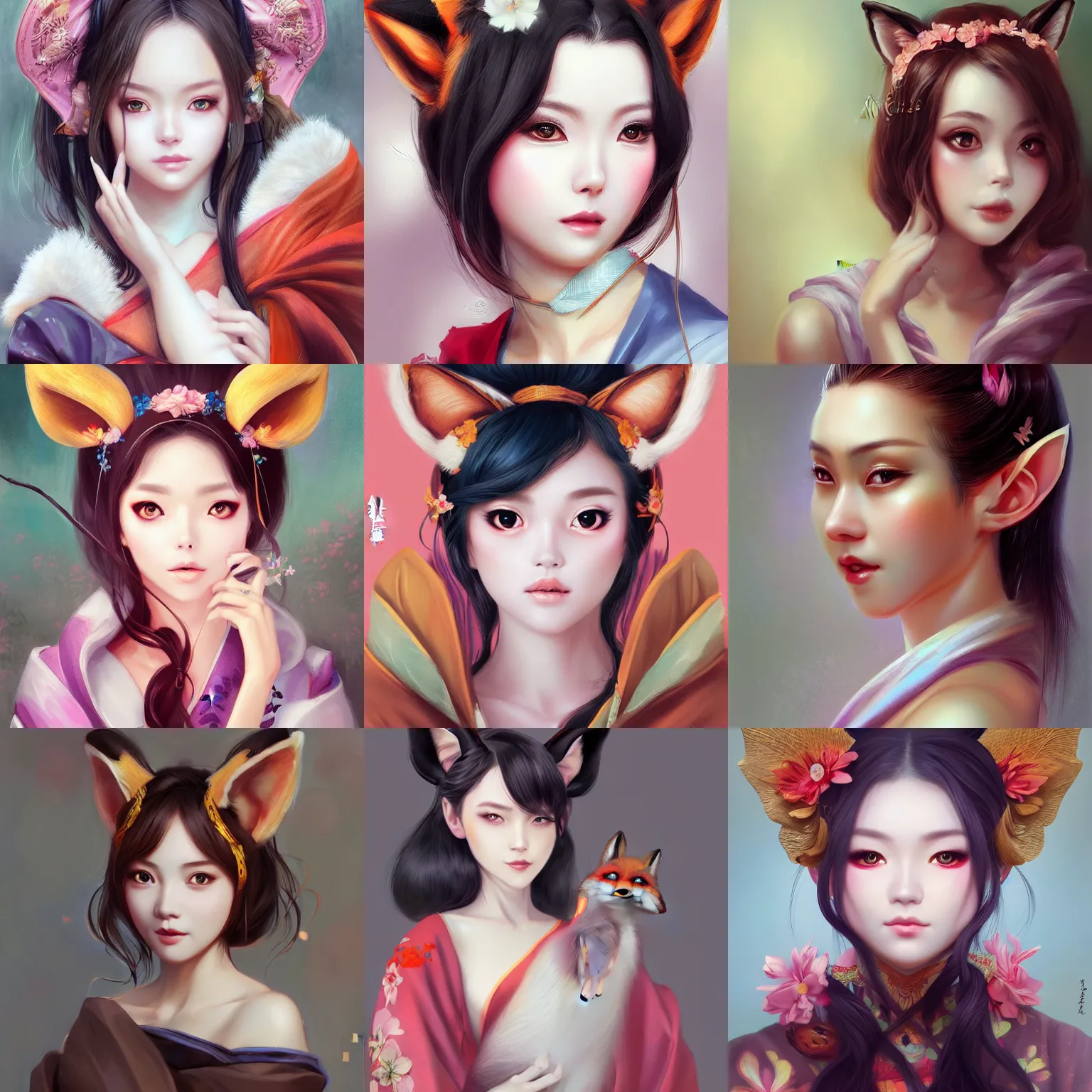 Prompt: A portrait of a beautiful woman with large eyes and fox ears wearing a kimono, digital painting, by Stanley Artgerm Lau, WLOP, Rossdraws, LeraPi, and Sakimichan, digtial painting, trending on ArtStation, deviantart, SFW version