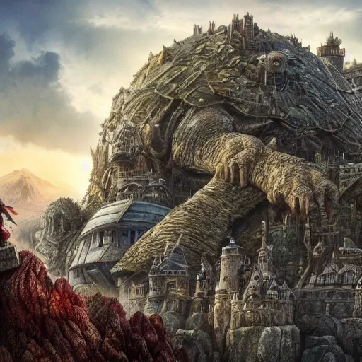 Prompt: large fantasy castle rising from the top of a giant tortoise, towering over a harsh barren wasteland, howls moving castle, mortal engines, kaiju, distant - mid - shot, fantasy, hyper detailed, 4 k