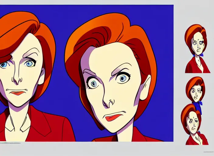 Prompt: a shaded animation cel of dana scully, sharp detail, thin linework, realistic anatomy, in the style of western cartoons, by don bluth, filmation, toei animation, studio trigger, studio ghibli, 5 k, artstation trending