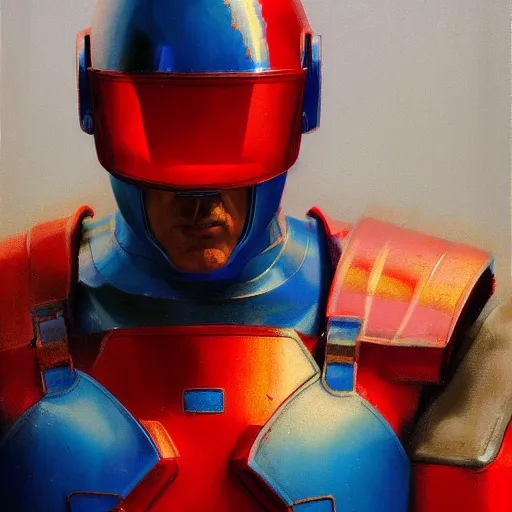 Prompt: sylvester stallone blue and red metal cyber suit, tech noir, wet reflections, prism, atmospheric, ambient, pj crook, syd mead, livia prima, greg rutkowski, edward hopper