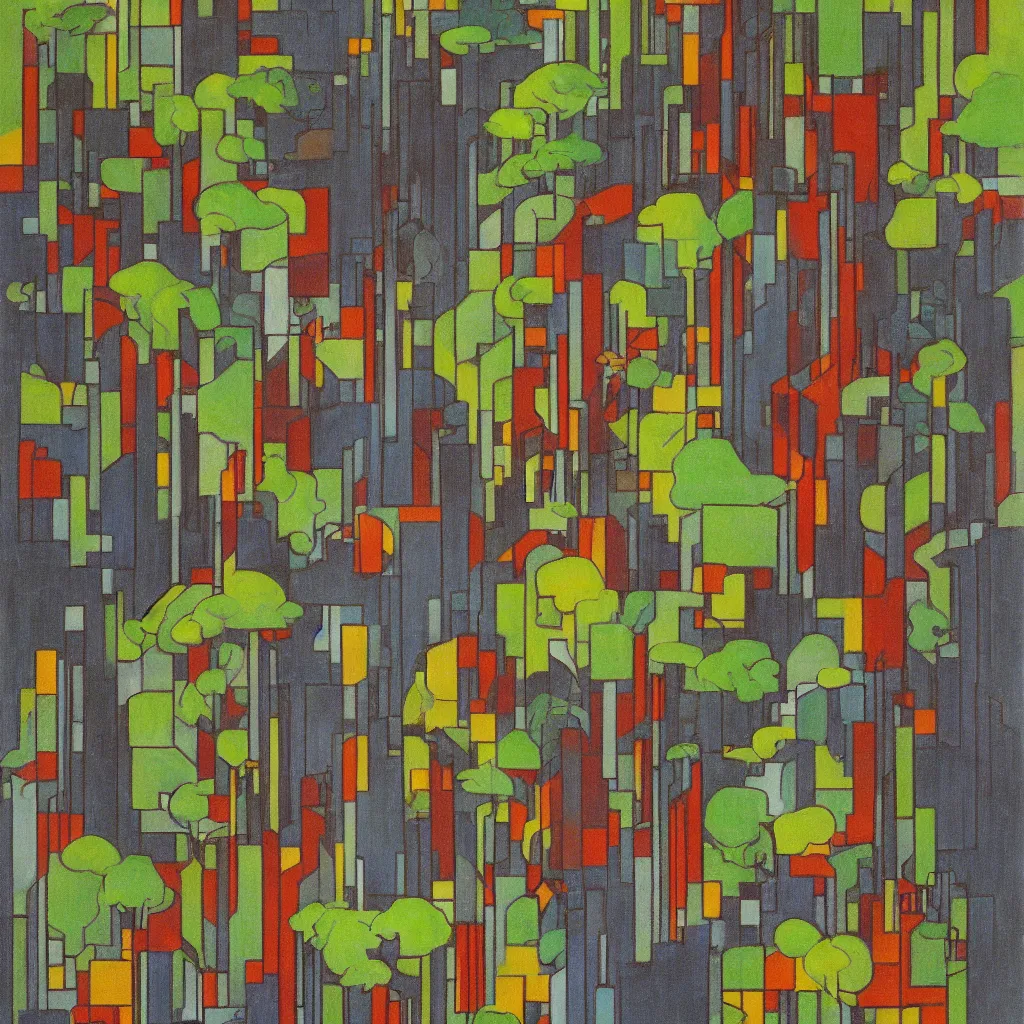 Prompt: isometric artdeco waterfall forest by frank lloyd wright, isometric, painted by piet mondrian