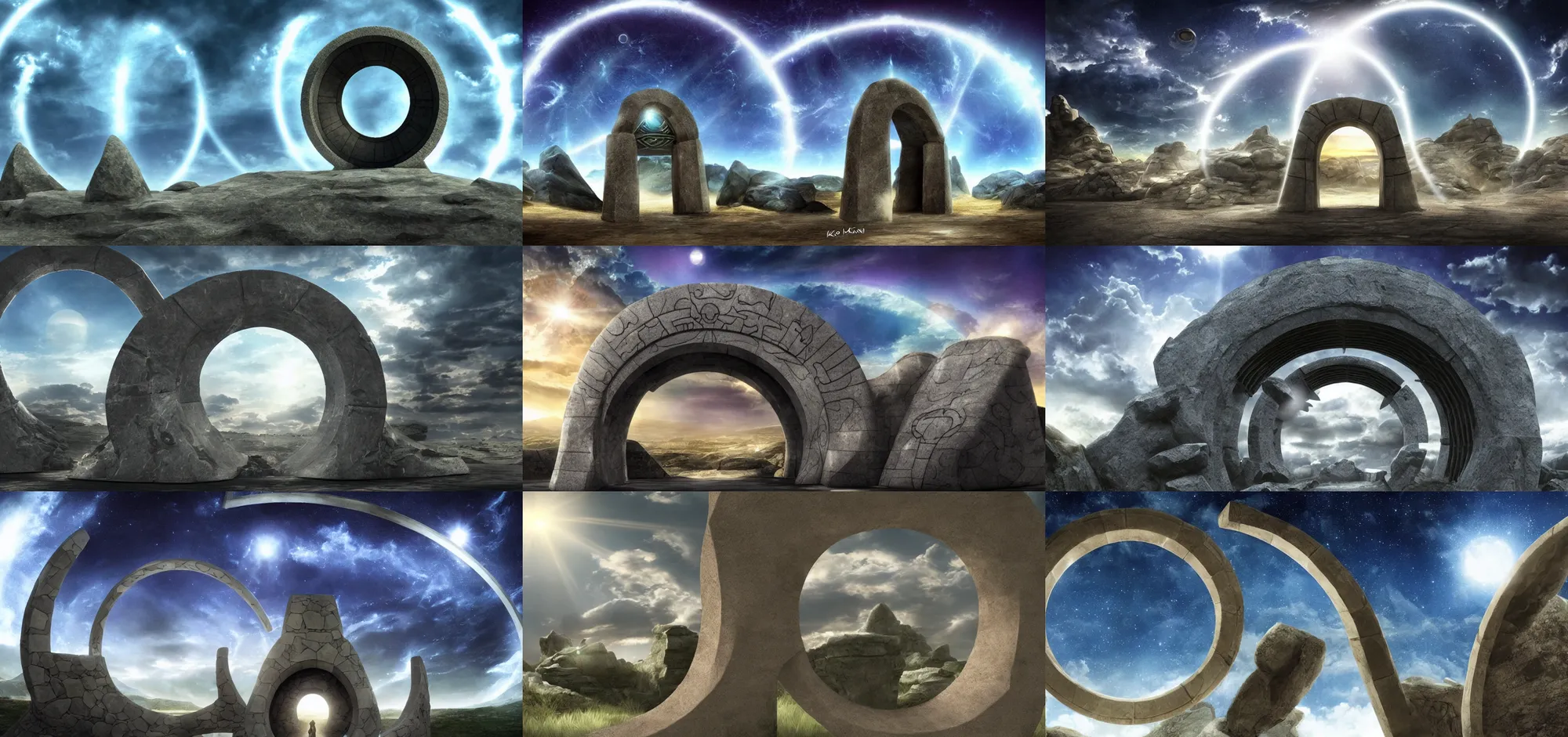 Prompt: stargate made of stone that form a circle, cinematic view, epic sky by Ken Sugimori