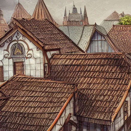 Prompt: traditional city with tiled roofs surrounded by a wooden wall, texture, intricate, details, highly detailed, masterpiece, architecture, building, trending on artstation, focus, sharp focus, concept art, digital painting, fantasy, sunny, day, midday