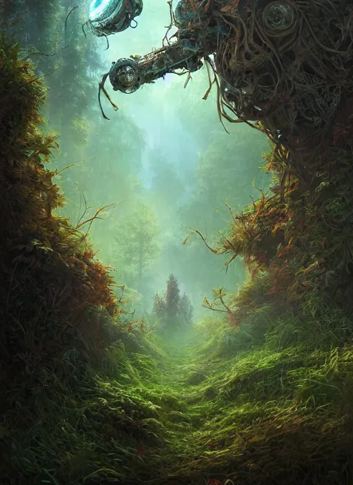 Prompt: Ancient overgrown Robot laying in a clearing, extremly detailed digital painting, vibrant colors, in the style of Tomasz Alen Kopera and Fenghua Zhong and Peter Mohrbacher, mystical colors, rim light, beautiful lighting, 8k, stunning scene, raytracing, octane, trending on artstation