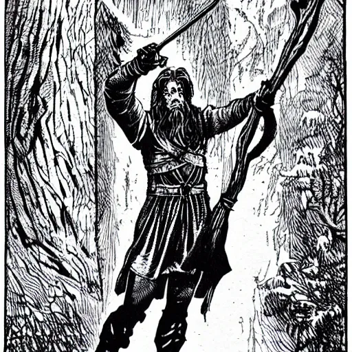 Image similar to mage holding a bentwood staff strikes a dramatic pose. pen and ink by larry elmore, 1 9 8 2