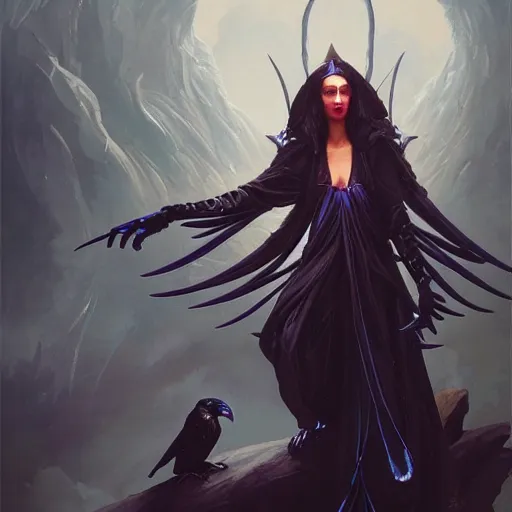 Prompt: character portrait of a modest robed dark raven angel with iridescent black raven wings, by Peter Mohrbacher, Mark Brooks, Jim Burns, Marina Abramović, Wadim Kashin, Greg Rutkowski, Sanjin Halimic, trending on Artstation