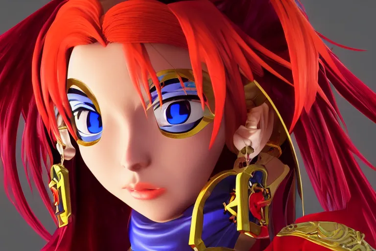 Image similar to character Lina Inverse from anime Slayers (1995 – 2009), rendered in Cinema 4D and Octane and Unreal Engine 5, hyperrealism, full body photogenic shot, digital render, cinematic lighting ornate earrings, 8k resolution, masterpiece work