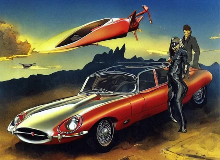 Prompt: ( ( ( ( ( jaguar e - type car, car concept art, sci - fi illustration, painting, in the style of danger diabolik 1 9 6 8 ) ) ) ) ) by vincent di fate and john berkey and danger diabolik!!!!!!!