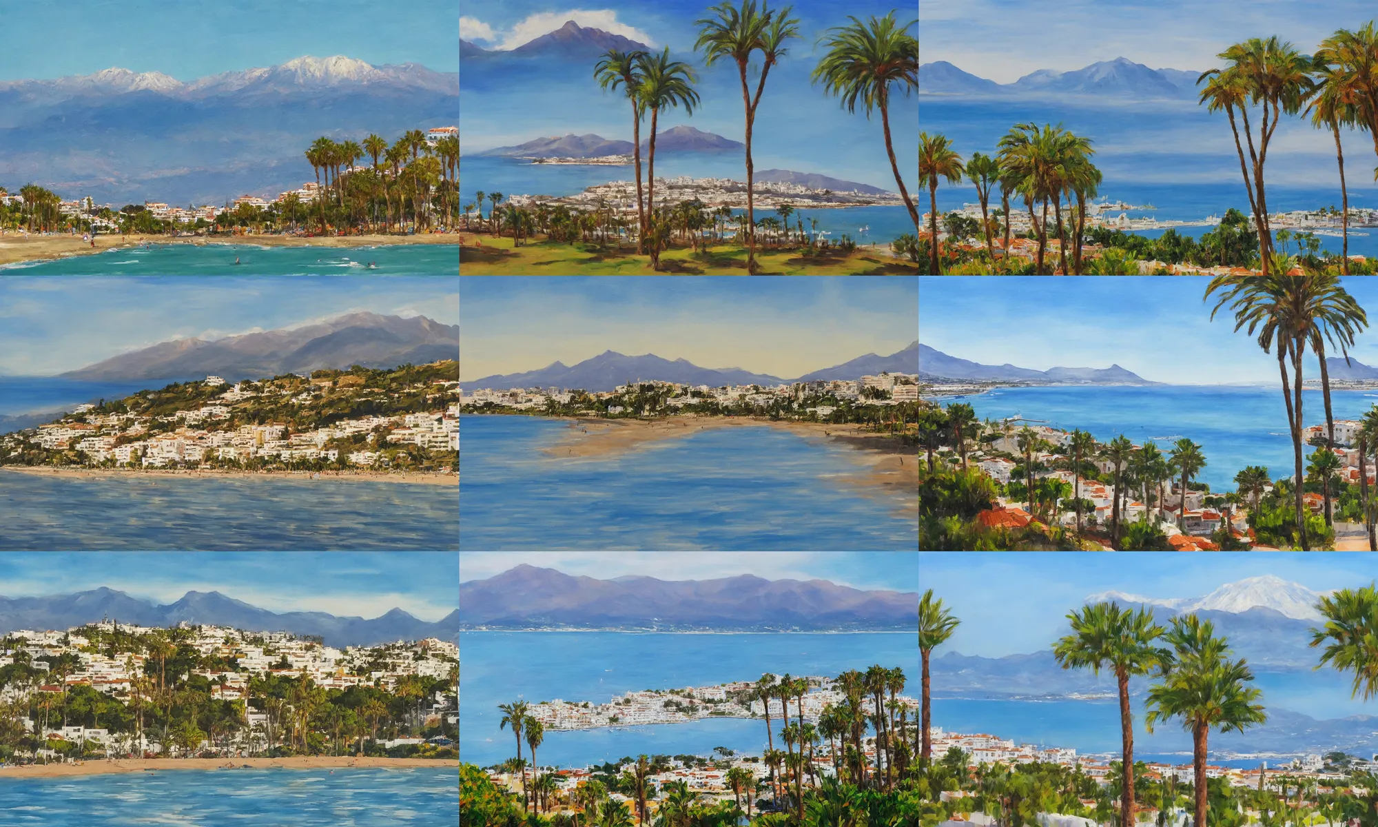 Prompt: marbella landscape, sun coast, small city, beach, mountain in the background, trending on artstation