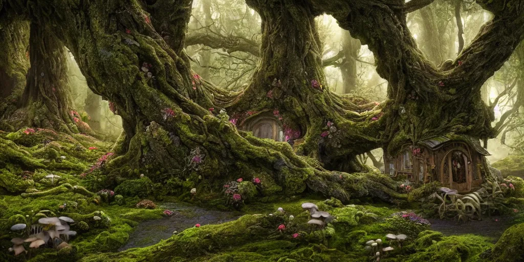Image similar to a photorealistic cg render of huge old twisted tree with tiny mossy hobbit houses built into it, covered in moss, flowers and mushrooms, hints of peter mohrbacher, georges remi, albert uderzo, super - realistic, insanely intricate and detailed, atmospheric, volumetric lighting, cinematic, 4 k, high definition