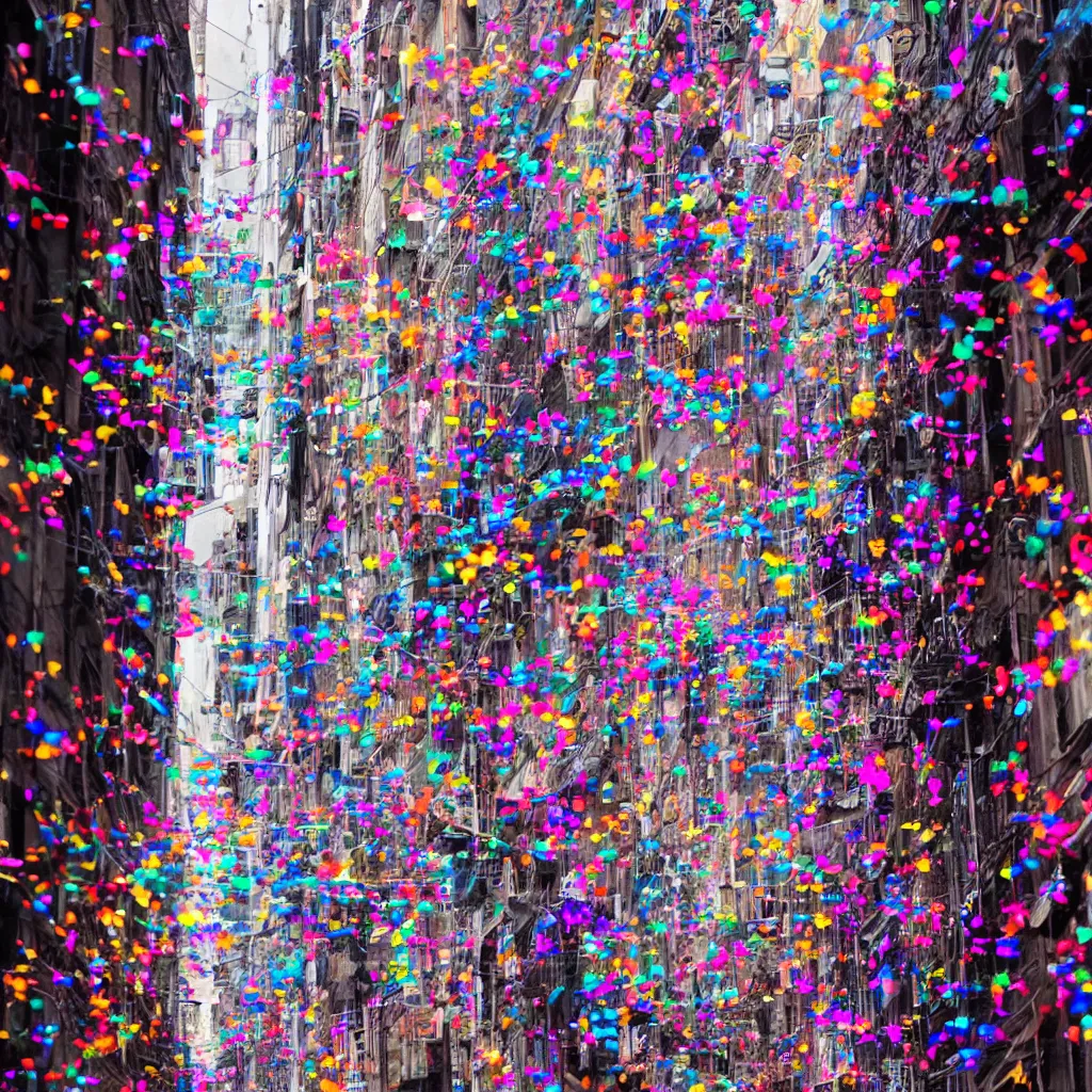 Image similar to thin streamers of multi-colored glitter floated in the narrow streets of a cyberpunk city