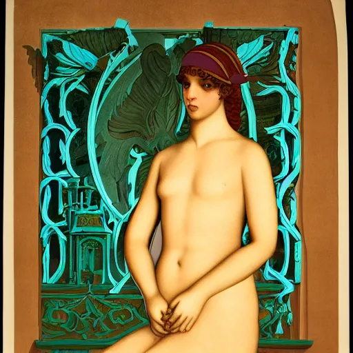 Image similar to a girl in a temple, film still by wes anderson, depicted by canova, limited color palette, very intricate, art nouveau, highly detailed, lights by hopper, soft pastel colors, minimalist