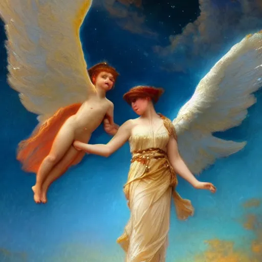 Prompt: two angels going back to heaven, by gaston bussiere, epic painting, realism, artstation, big wings, night sky, octane render, sharpness, 8 k, golden ratio