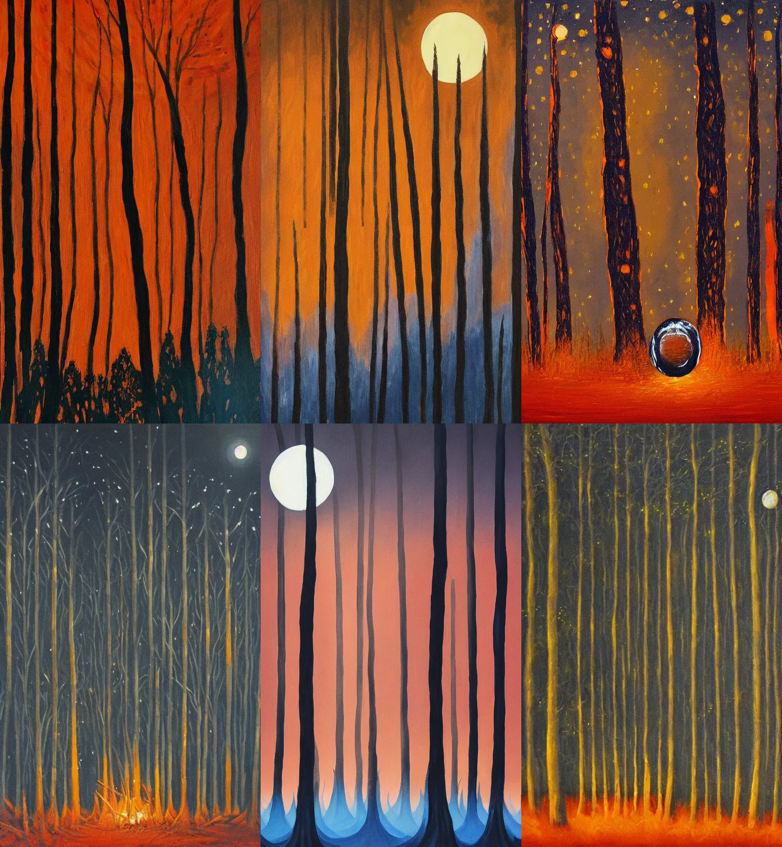 Prompt: a painting of a moonlit forest at night with a bonfire, there's a man in a suit near the fire with hid back turned away from the viewer, the top of the trees have morphed into a worm's eye view of art deco skyscrapers surrounding the moon, the painting has cold blues at the top and warm orange colors at the bottom