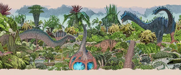 Prompt: wide angle view, far shot, botanical garden at the center of the earth by jules verne, dinosaurs and godzilla, in style of crowded illustration