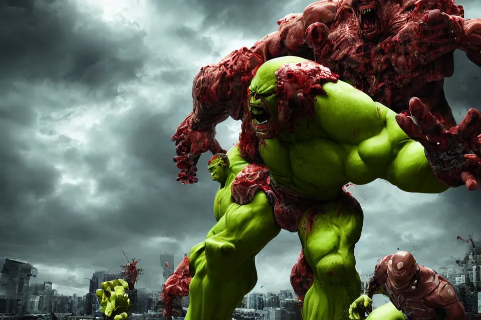 Image similar to The Biomechanical Hulk Buster Battles The Zombie Hulk, Art Germ Style, photorealistic, volumetric lighting, hyperrealistic, octane render, HDR, photorealistic, bokeh