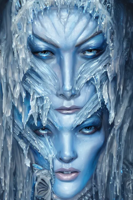 Prompt: Fantasy character portrait of distorted detailed painting of a queen woman made of ice, blue hues, ice blue, icy, hyper detailed, trending on Artstation