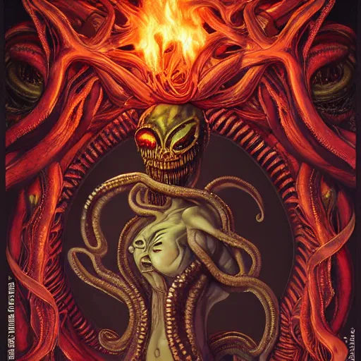 Image similar to scorn giger venom alien doom zdislaw bekinski horror hell alien tentacles satan fire flame octopus, beautiful underwater redhead ballerina portrait as a belly dancer, pixar style, by tristan eaton stanley artgerm and tom bagshaw.