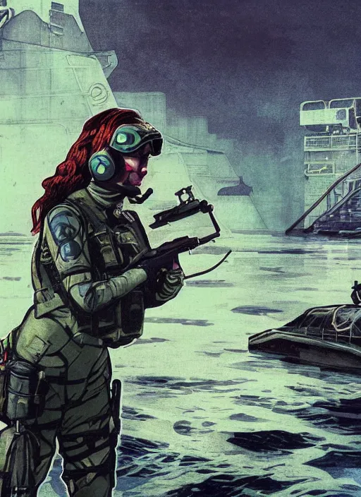 Prompt: Sara. USN blackops operator emerging from water at the shoreline. Operator wearing Futuristic cyberpunk tactical wetsuit and looking at an abandoned shipyard. Frogtrooper. rb6s, MGS, and splinter cell Concept art by James Gurney, Alphonso Mucha. Vivid color scheme.