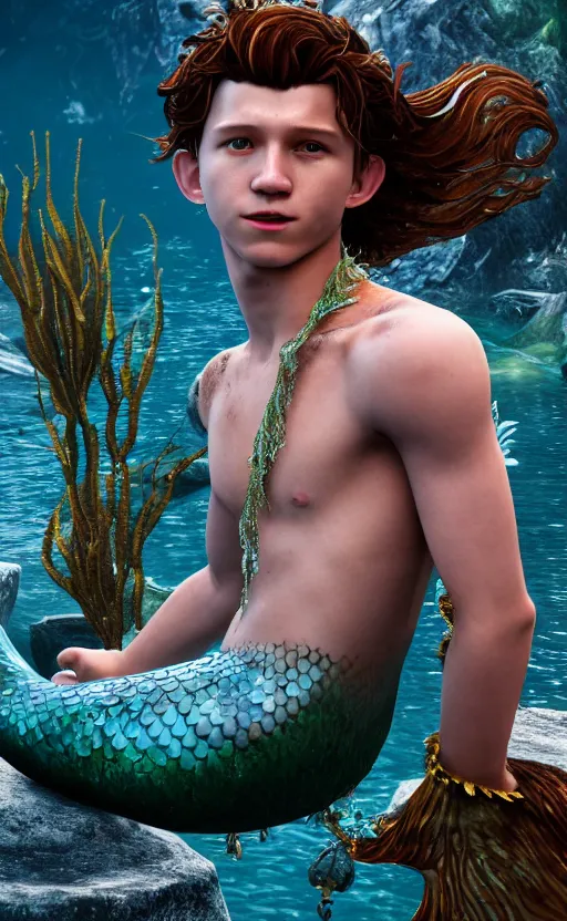 Prompt: tom holland as a charming mermaid work safe dreamlike with jewelry, character art, hyperdetailed, 8 k realistic, frostbite 3 engine, cryengine, dof, trending on artstation, digital art