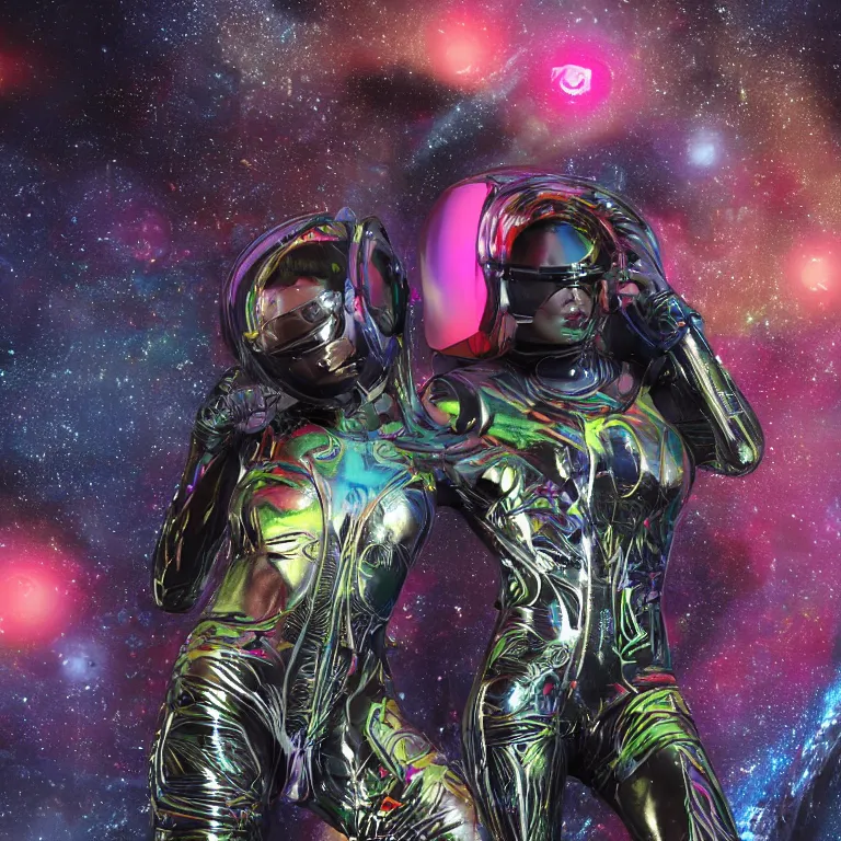 Image similar to octane render portrait by wayne barlow and carlo crivelli and glenn fabry, focus on a woman in a skintight shiny black spacesuit with intricate iridescent metal detailing, covered in bright colorful tropical alien flora in front of a giant photorealistic rocky cliff, cinema 4 d, ray traced lighting, very short depth of field, bokeh