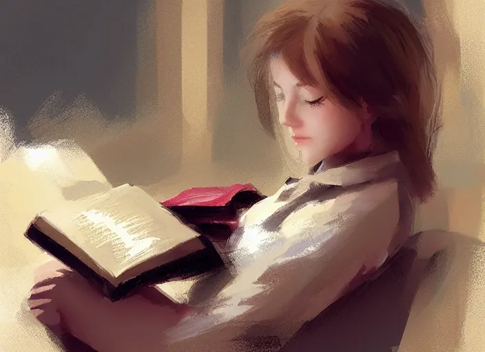 Prompt: a girl reading a book, her hair flowing down, in the style of craig mullins