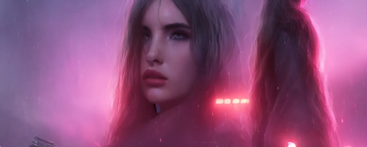 Prompt: breathtakingly beautiful Ana de Armas in blade runner 2049, long flowing hair, laser cannon, 8k, trending on artstation, unreal engine, purple neon, green rain