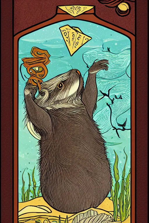 Prompt: tarot card illustration depicting a sea otter on the card the seven of clams, framed in an elaborate rectangular border, tarot card, detailed illustration, sea otter, furry art, artstation, 4 k