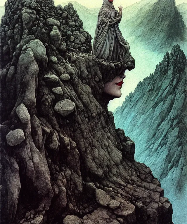 Image similar to A detailed gray-eyed fishheaded woman stands among the mountains with a pebble in hands. Wearing a ripped mantle, robe. Extremely high details, realistic, fantasy art, solo, masterpiece, art by Zdzisław Beksiński, Arthur Rackham, Dariusz Zawadzki