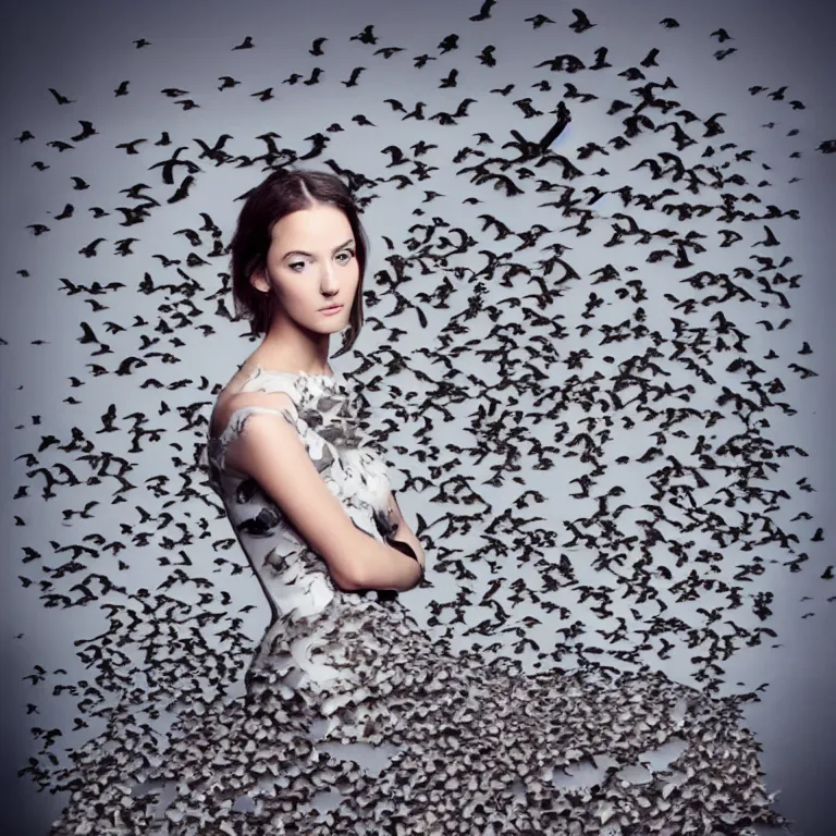 Image similar to “a beautiful woman in a dress made of pigeons, high fashion, concept fashion, studio lighting, nyc, 8k, 4k”