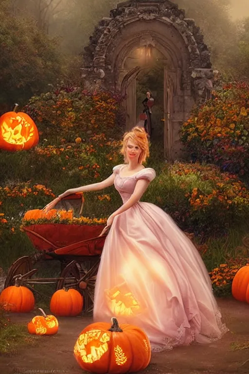 Image similar to beautiful mystical digital painting a beautiful cinderella standing in front of a pumpkin carriage with horses by artgerm and arthur hughes