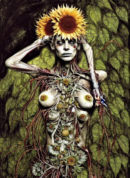 Image similar to beautiful and detailed rotten woman corpse with fractal plants and fractal sunflowers growing around, muscles, veins, arteries, intricate, organs, ornate, surreal, john constable, guy denning, dan hillier