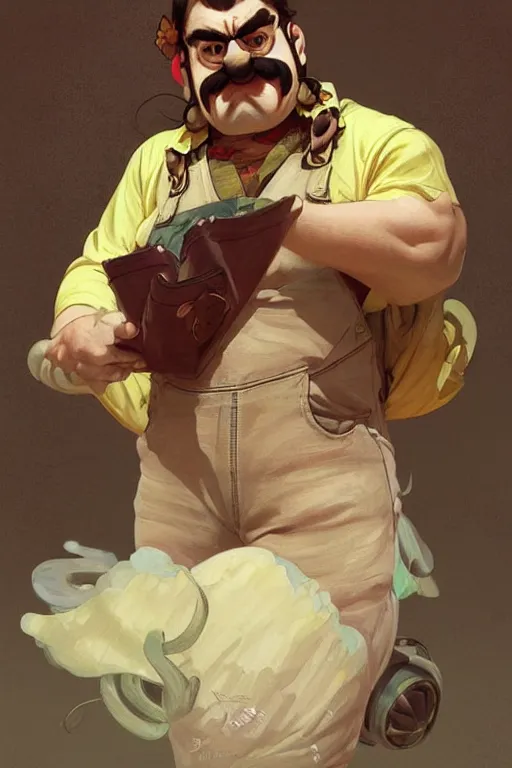 Image similar to portrait of Wario from WarioWare, dreamy and ethereal, overalls, chaotic, elegant, highly detailed, digital painting, artstation, concept art, smooth, sharp focus, illustration, art by artgerm and greg rutkowski and alphonse mucha