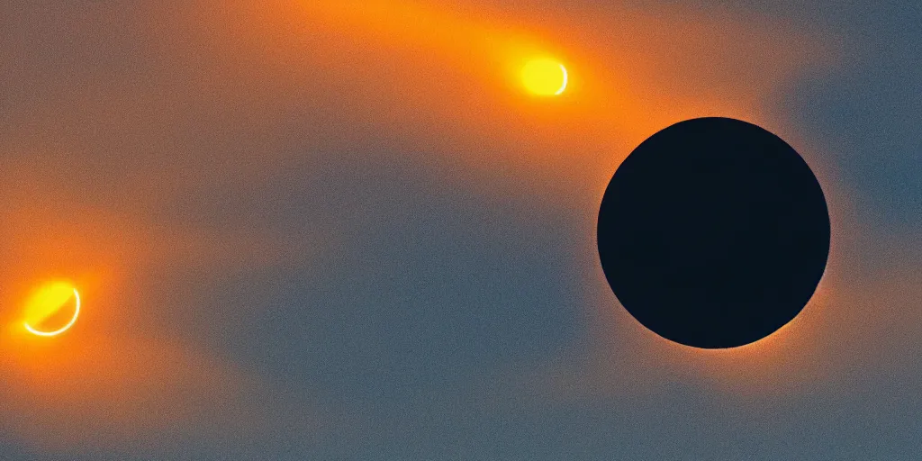 Prompt: a giant in the distance, a solar eclipse in the sky