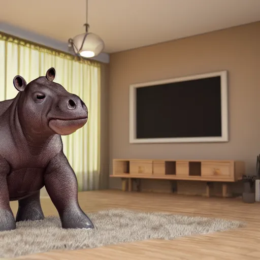 Image similar to a baby hippo pony live in a cozy house and watch tv in the family room. 3 d render.