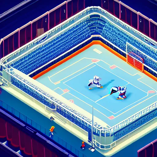 Prompt: Hockey arena game illustration, aerial view, isometric Voxel, pixel art, Blizzard, EASports, intricate, elegant, highly detailed, digital painting, artstation, concept art, smooth, sharp focus, art by Roman Klco and Shadow Run, brightly lit cinematic soft lighting, photorealistic