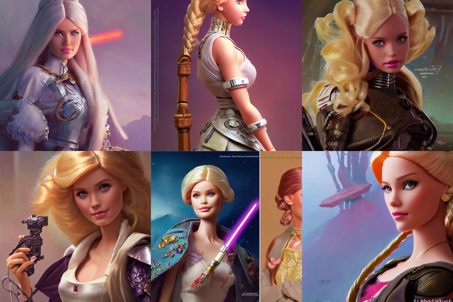 Prompt: Barbie doll Star Wars movie character, highly detailed, digital fantasy character, painted portrait, artstation, concept art, hard focus, illustrations, works by artgerm and Greg Rutkowski, Alphonse Mucha and Craig Mullins, James Jean, Andrey Ryabovichev, Mark Simonetti and Peter Morbacher, 16k,