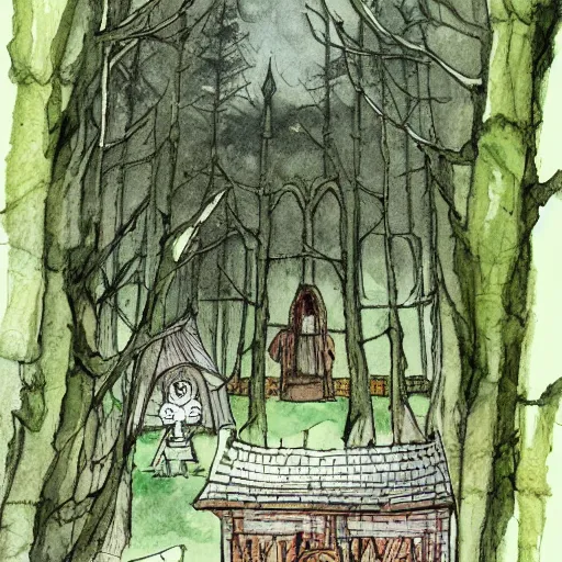 Image similar to the hall in the castle decorated for halloween hayao miyazaki in a small clearing among trees, watercolor illustration for a book