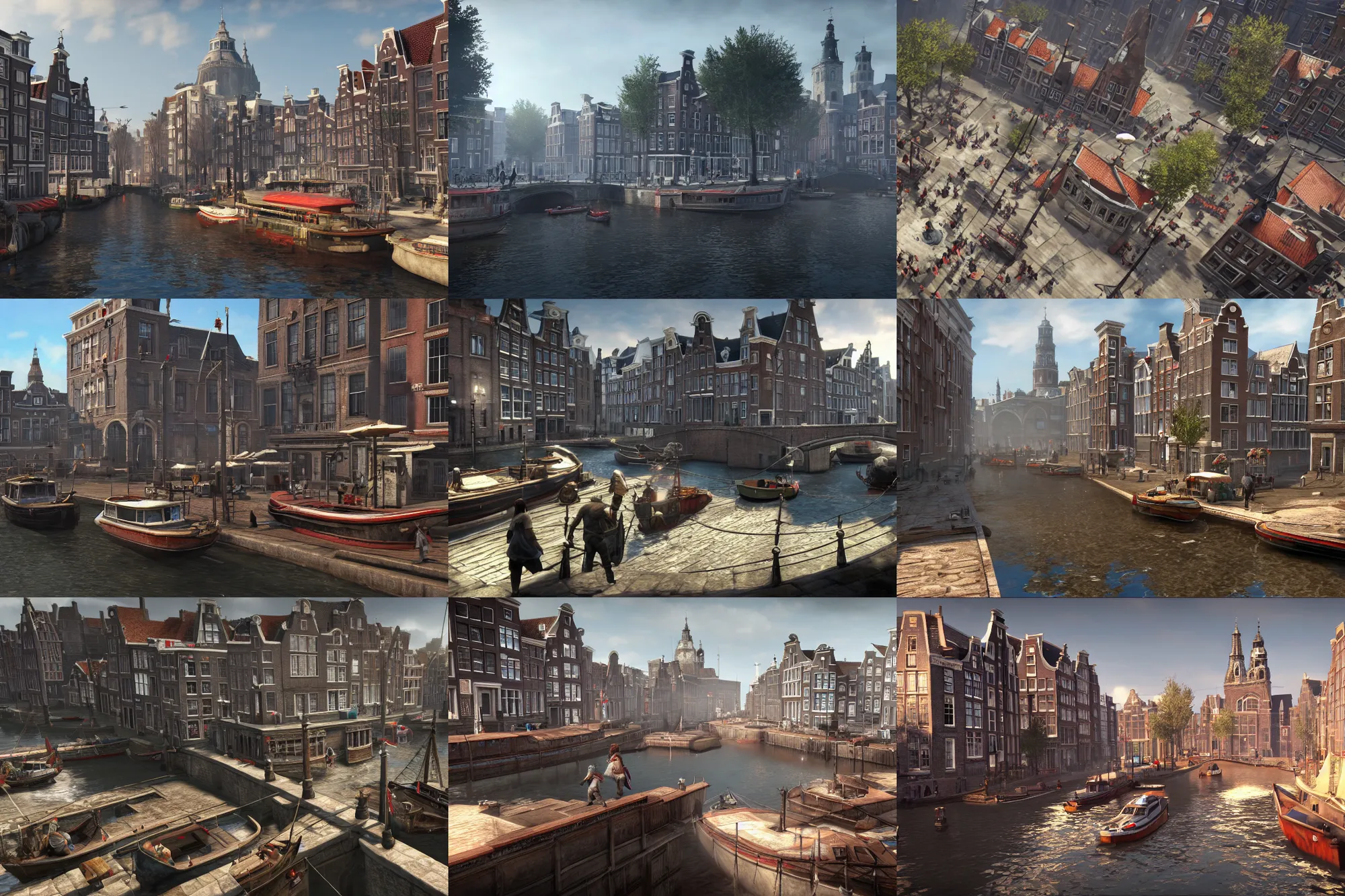 Prompt: a promotional gameplay screenshot of amsterdam in the video game assassins creed. 3 d rendering. very detailed