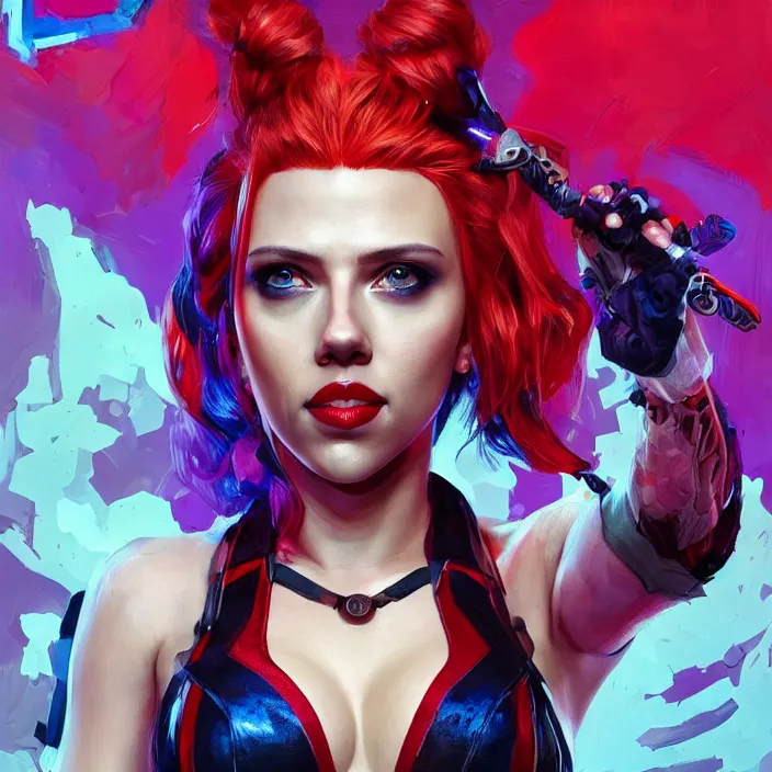 Image similar to portrait of scarlett johansson as a harley quinn. intricate abstract. intricate artwork. by Tooth Wu, wlop, beeple, dan mumford. octane render, trending on artstation, greg rutkowski very coherent symmetrical artwork. cinematic, hyper realism, high detail, octane render, 8k, iridescent accents