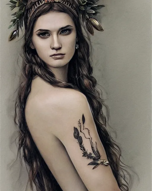 Prompt: realism tattoo sketch of anna jagodzinska as a beautiful greek goddess aphrodite with piercing eyes wearing a laurel wreath and triangle earrings, in the style of greg rutkowski, amazing detail