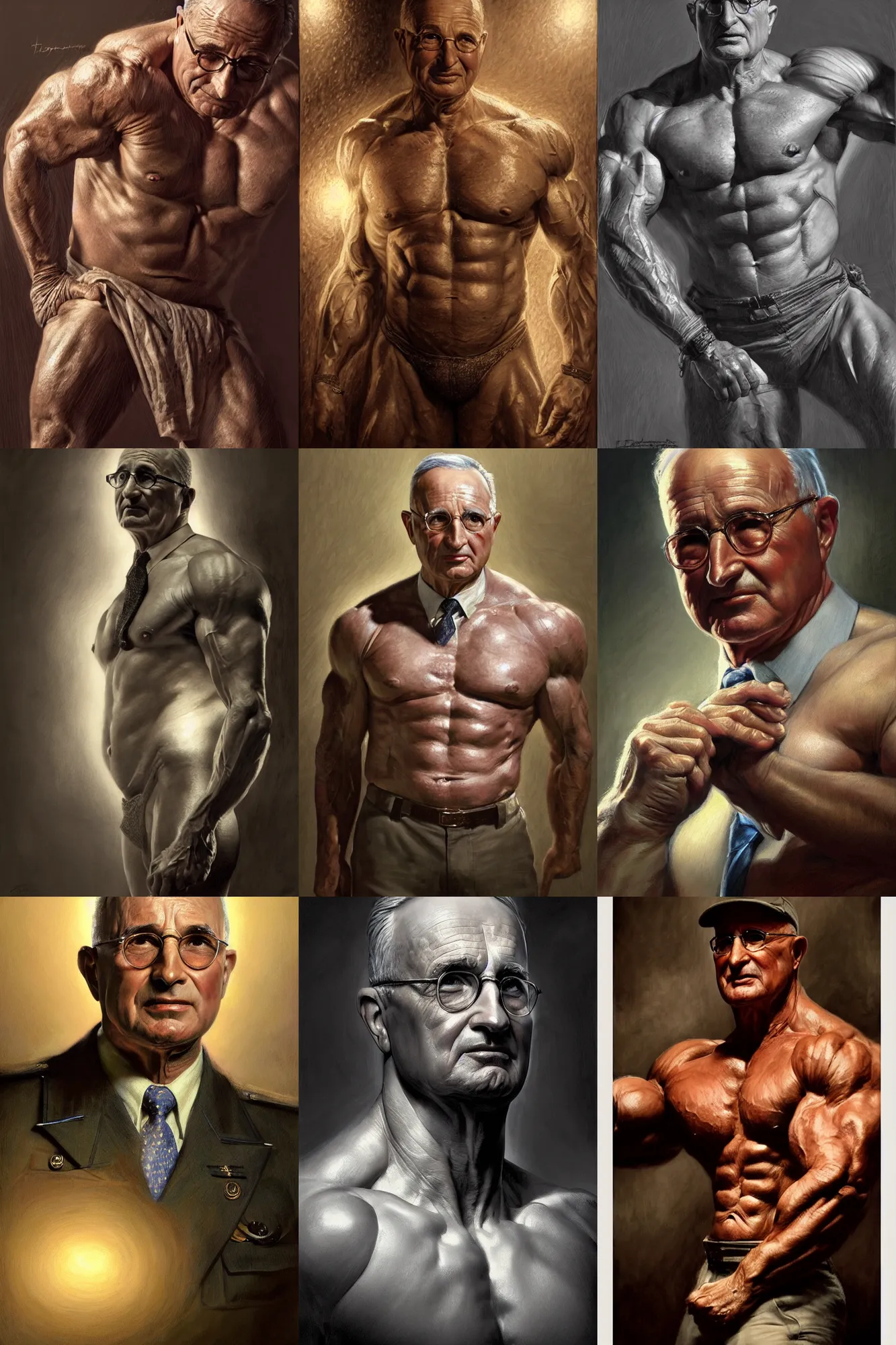 Prompt: portrait of president harry truman posing ultra realistic illustration, a hulking herculean gigachad, bulging muscles, intricate, highly detailed, digital painting, artstation, radiant light, caustics, war hero, concept art, smooth, sharp focus, by gaston bussiere, bayard wu, giger, maxim verehin