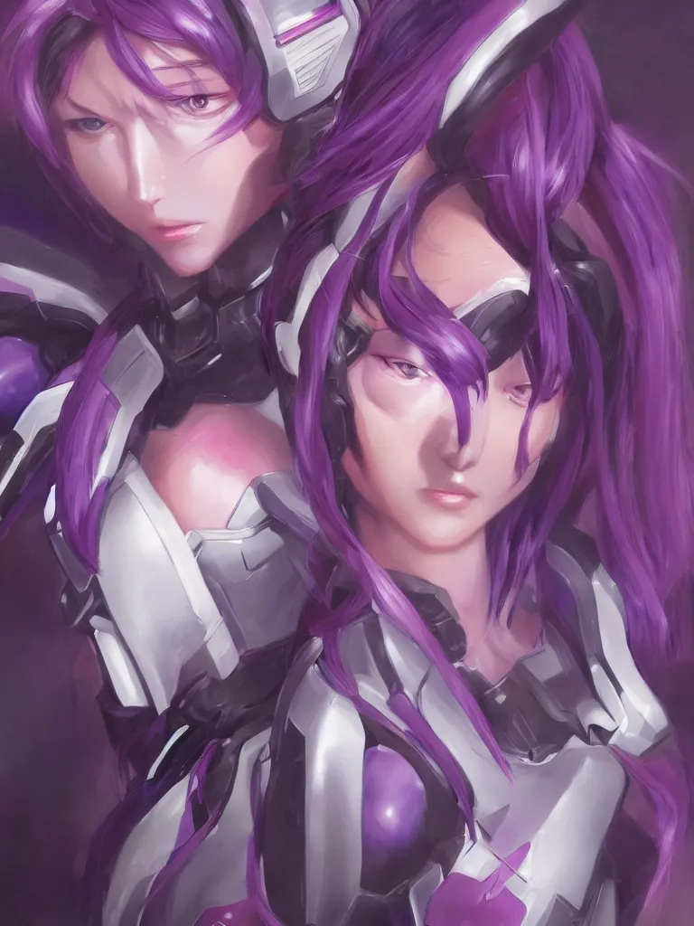 Image similar to A realistic anime portrait of a woman in a Gundam suit with glowing purple, digital painting, by Stanley Artgerm Lau, Sakimichan, WLOP and Rossdraws, digtial painting, trending on ArtStation, SFW version