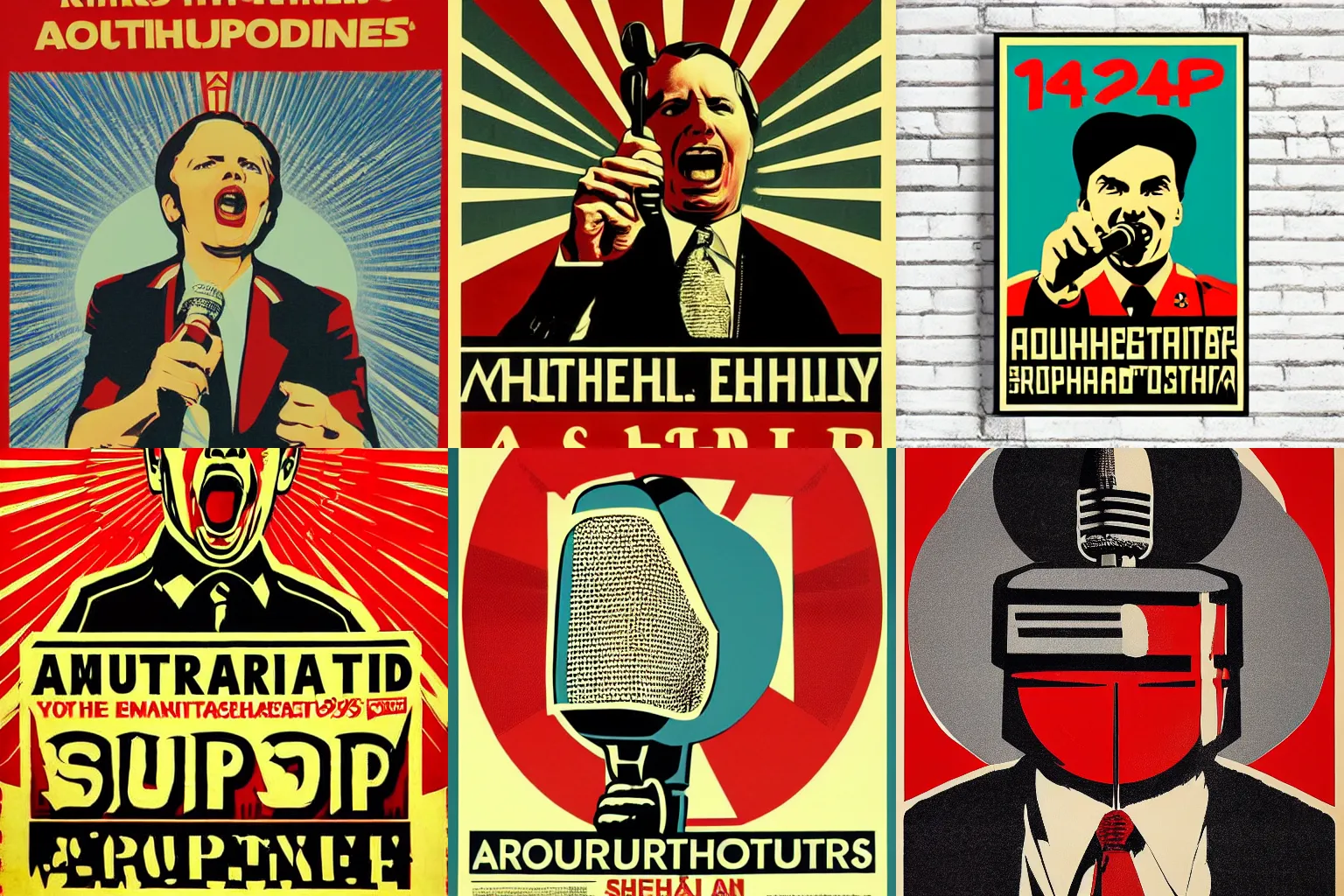 Prompt: 1984 authoritarian politician yelling into the microphone, Shephard Fairey poster, propaganda-print