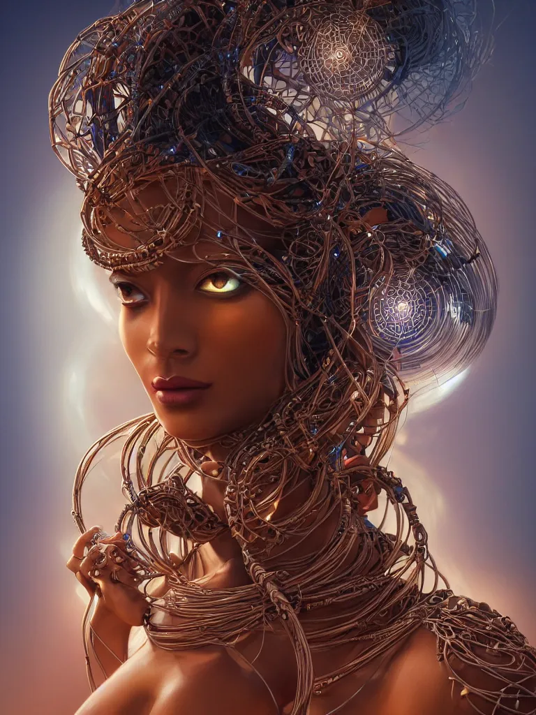 Image similar to a centered render of an alluring mystical tribal goddess adorned with cables and synthesizer parts is surrounded by sacred geometry, full body, gorgeous face, perfect face, powerful, cinematic, beautifully lit, by artgerm, by karol bak, 3 d, trending on artstation, octane render, 8 k