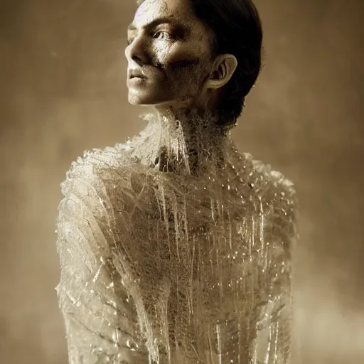 Prompt: full shot of a regal brown woman wearing an intricate armor made of many layers of ice. no makeup!! freckles!! haunting eyes. vulnerable. fragile. ethereal. elaborate. ice caves. glaciers. refracted light. extremely soft lighting. textures. delicate. translucent. by ray cesar. by louise dahl - wolfe. by andrea kowch. surreal photography.